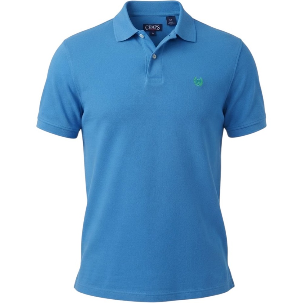 Chaps Mens Blue Cotton Pique Short Sleeve Polo Shirt Large Green Laurel Logo